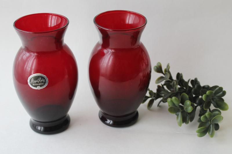 photo of vintage Royal Ruby red glass vases pair w/ original Anchor Hocking label #1