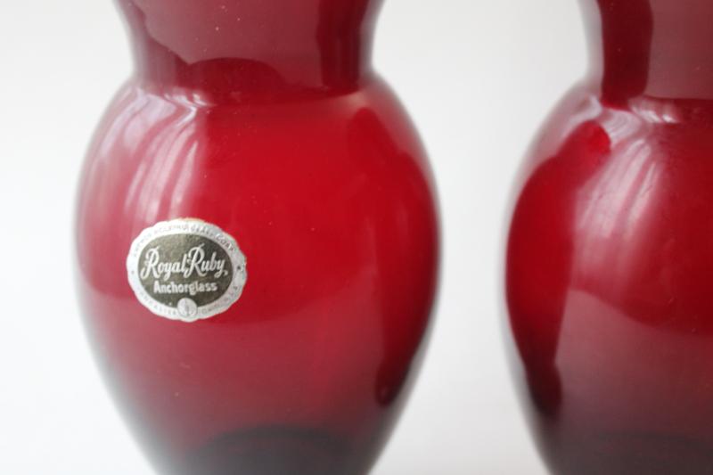photo of vintage Royal Ruby red glass vases pair w/ original Anchor Hocking label #2