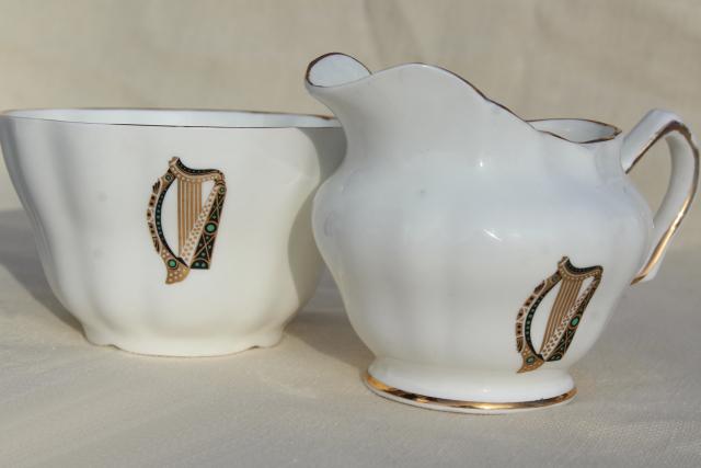 photo of vintage Royal Tara Galway Ireland fine bone china cream & sugar set, Irish harp pattern #1