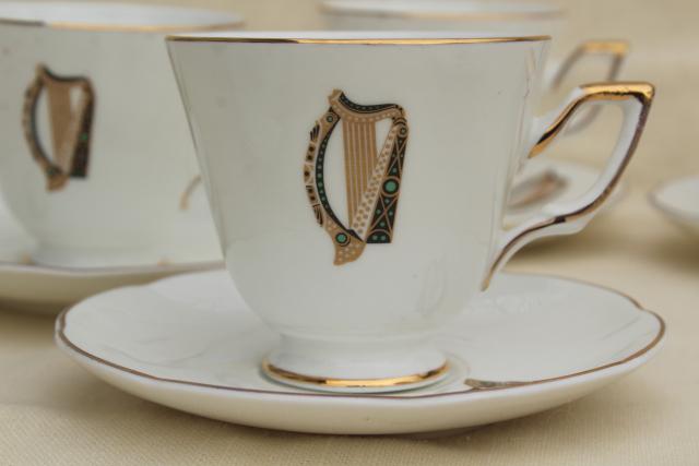 photo of vintage Royal Tara Galway Ireland fine bone china cups & saucers Irish harp pattern #3