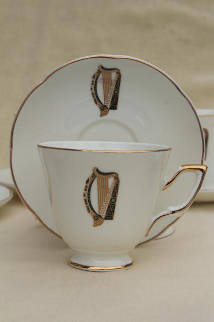 photo of vintage Royal Tara Galway Ireland fine bone china cups & saucers Irish harp pattern #4