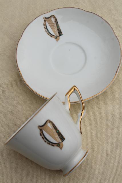 photo of vintage Royal Tara Galway Ireland fine bone china cups & saucers Irish harp pattern #7