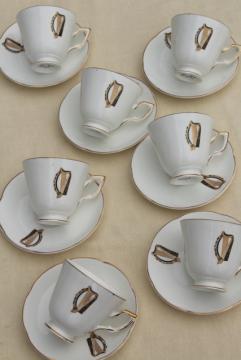 catalog photo of vintage Royal Tara Galway Ireland fine bone china cups & saucers Irish harp pattern