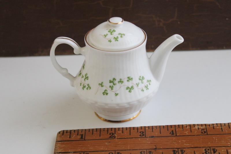 photo of vintage Royal Tara shamrock china mini teapot, childs size doll dishes Irish lucky clover pattern #1