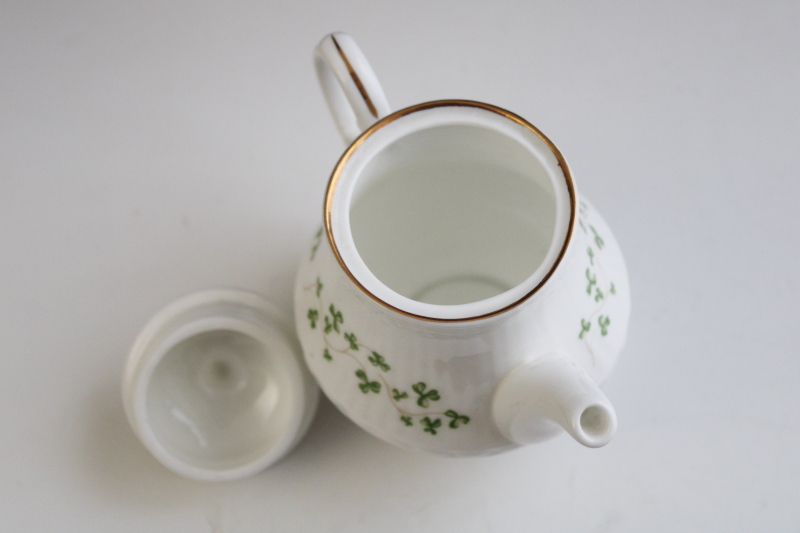 photo of vintage Royal Tara shamrock china mini teapot, childs size doll dishes Irish lucky clover pattern #2