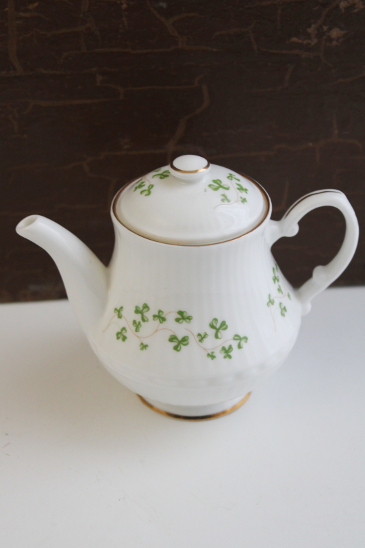 photo of vintage Royal Tara shamrock china mini teapot, childs size doll dishes Irish lucky clover pattern #5