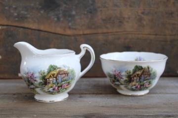 catalog photo of vintage Royal Vale bone china cream pitcher & sugar bowl w/ English cottage scene 