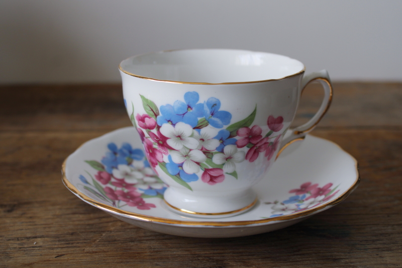 photo of vintage Royal Vale bone china tea cup & saucer phlox flowers pink blue and white  #1