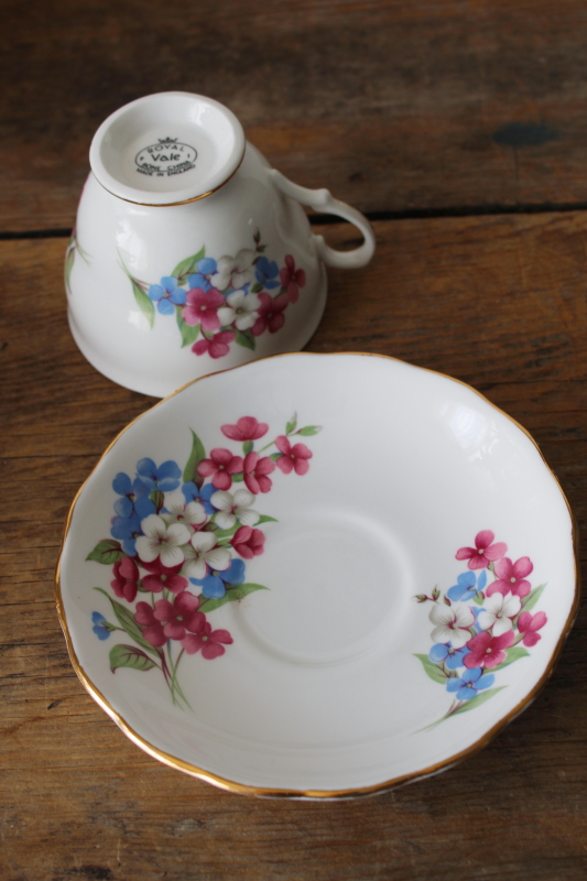 photo of vintage Royal Vale bone china tea cup & saucer phlox flowers pink blue and white #2
