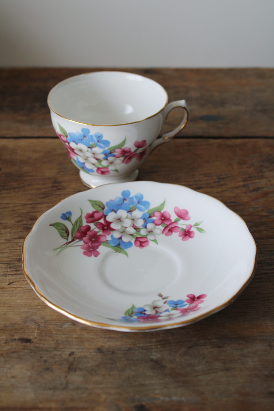 photo of vintage Royal Vale bone china tea cup & saucer phlox flowers pink blue and white #5