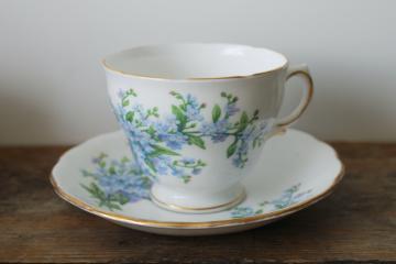 catalog photo of vintage Royal Vale bone china tea cup & saucer tiny blue flowers forget me nots 