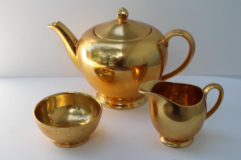 photo of vintage Royal Winton Golden Age encrusted gold teapot, cream pitcher, sugar bowl set #1