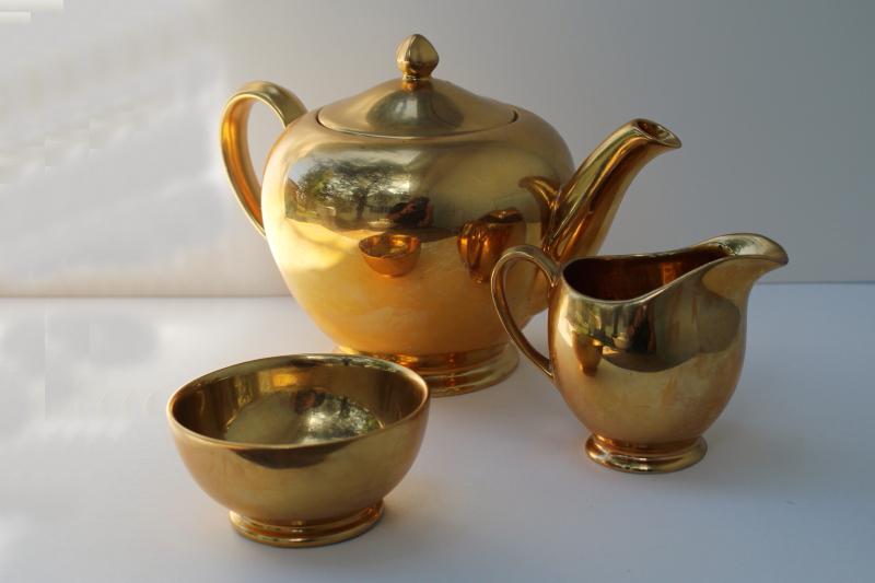 photo of vintage Royal Winton Golden Age encrusted gold teapot, cream pitcher, sugar bowl set #3