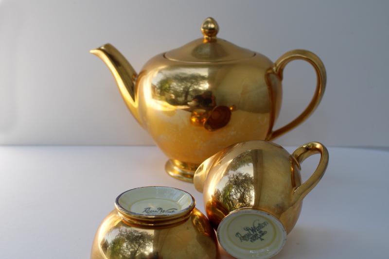 photo of vintage Royal Winton Golden Age encrusted gold teapot, cream pitcher, sugar bowl set #5