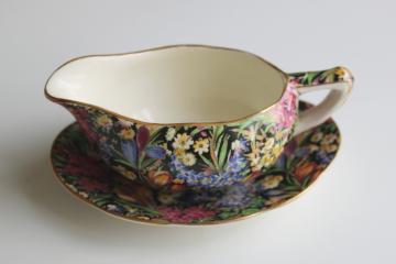 vintage Royal Winton crocus floral on black chintz china gravy boat or sauce pitcher w/ plate 