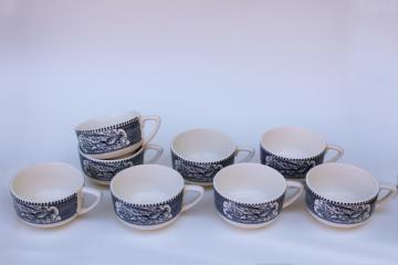 catalog photo of vintage Royal blue & white Currier and Ives cups, pony cart turn out lady driver