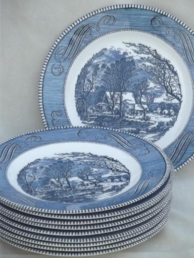 photo of vintage Royal china Currier & Ives blue and white dinner plates #2