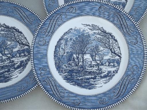photo of vintage Royal china Currier & Ives blue and white dinner plates #3