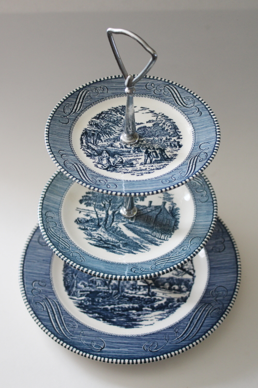 photo of vintage Royal china Currier & Ives tiered tray three plates serving stand, blue & white  #1