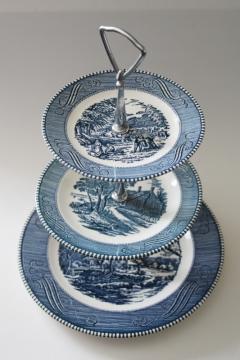 catalog photo of vintage Royal china Currier & Ives tiered tray three plates serving stand, blue & white 