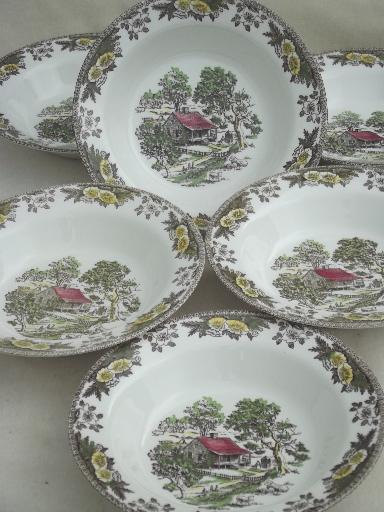 photo of vintage Royal china Fair Oaks transferware, 6 large soup serving bowls #1