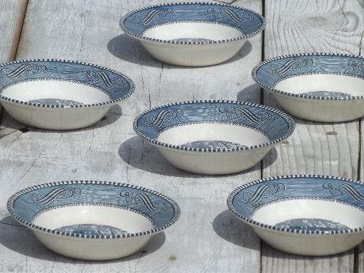 photo of vintage Royal china blue & white Currier & Ives pattern fruit bowls set #1