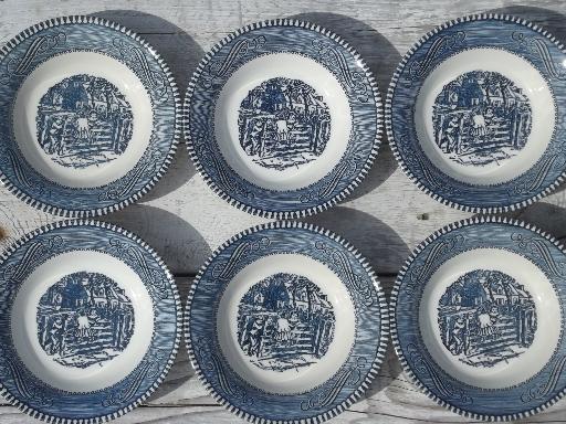 photo of vintage Royal china blue & white Currier & Ives pattern fruit bowls set #2