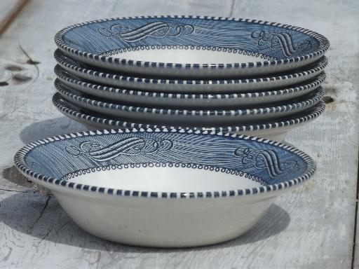 photo of vintage Royal china blue & white Currier & Ives pattern fruit bowls set #3