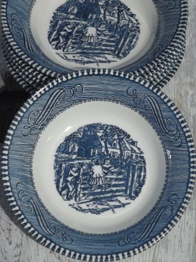 photo of vintage Royal china blue & white Currier & Ives pattern fruit bowls set #4