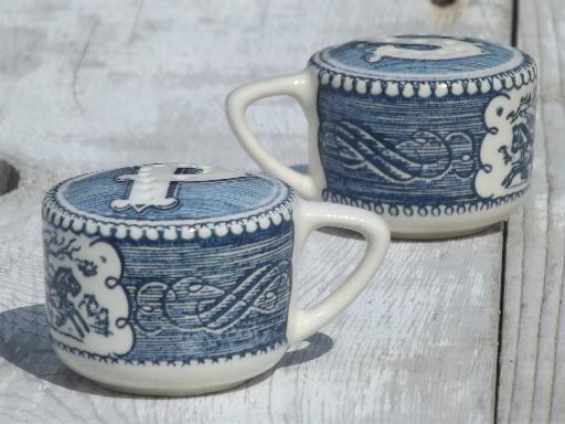 photo of vintage Royal china blue & white Currier & Ives salt & pepper shakers #1