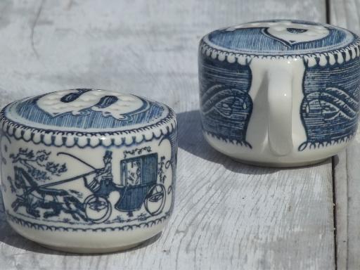 photo of vintage Royal china blue & white Currier & Ives salt & pepper shakers #3