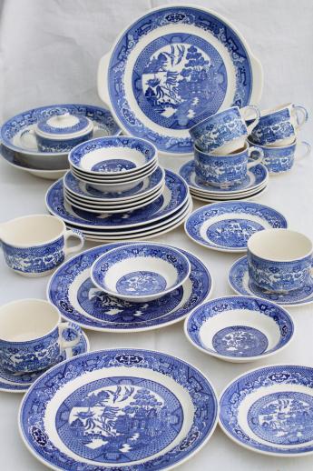 photo of vintage Royal china blue willow luncheon tea set for six w/ Homer Laughlin serving bowl #1
