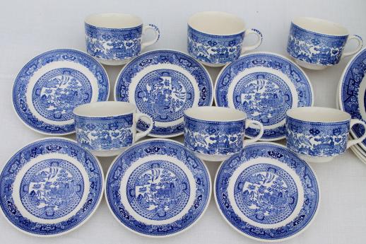 photo of vintage Royal china blue willow luncheon tea set for six w/ Homer Laughlin serving bowl #10