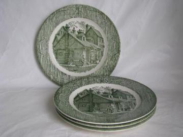 catalog photo of vintage Royal china green transferware dinner plates, The Old Curiosity Shop