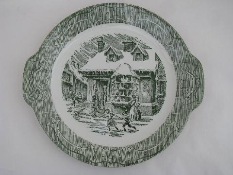 photo of vintage Royal china green transferware handled serving plate, Old Curiosity Shop #1