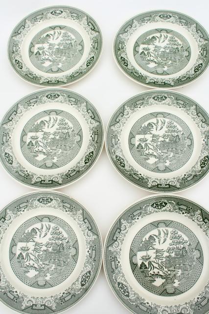 photo of vintage Royal china green willow dinner plates, blue willow in green! #2