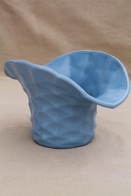 photo of vintage Rumrill Red Wing pottery vase, matte blue glaze, basket shape bucket for flowers #1