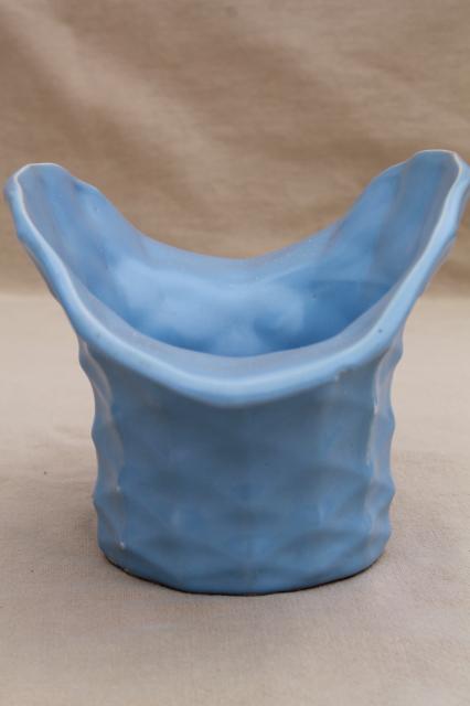 photo of vintage Rumrill Red Wing pottery vase, matte blue glaze, basket shape bucket for flowers #3