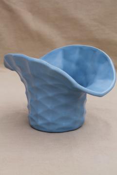 catalog photo of vintage Rumrill Red Wing pottery vase, matte blue glaze, basket shape bucket for flowers