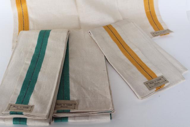 photo of vintage Russia USSR woven linen kitchen towels, bold bohemian stripe mustard gold & green #1