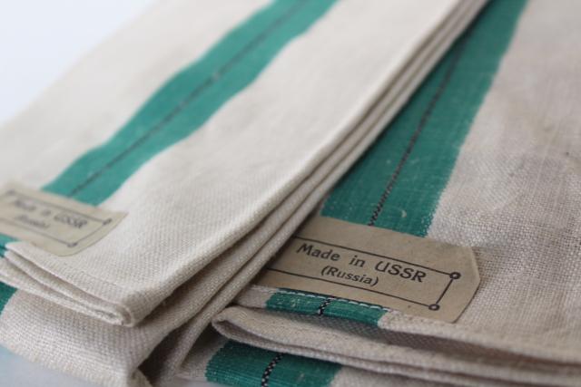 photo of vintage Russia USSR woven linen kitchen towels, bold bohemian stripe mustard gold & green #3