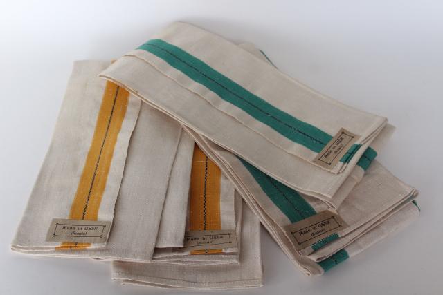 photo of vintage Russia USSR woven linen kitchen towels, bold bohemian stripe mustard gold & green #6