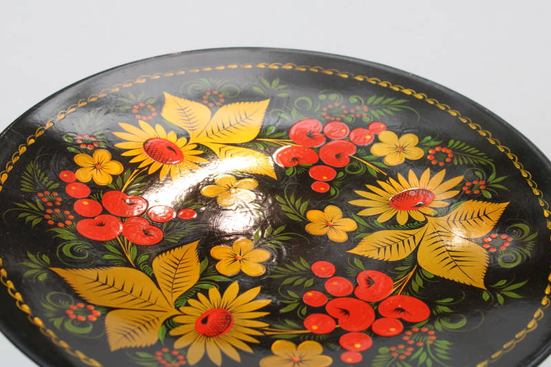 photo of vintage Russian Khokhloma traditional folk art hand painted black gold lacquer wood plate #6