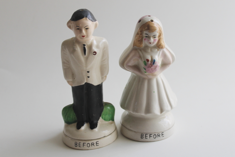 photo of vintage S&P shakers, Wedding Day Before & After, hand painted ceramic figurines  #1