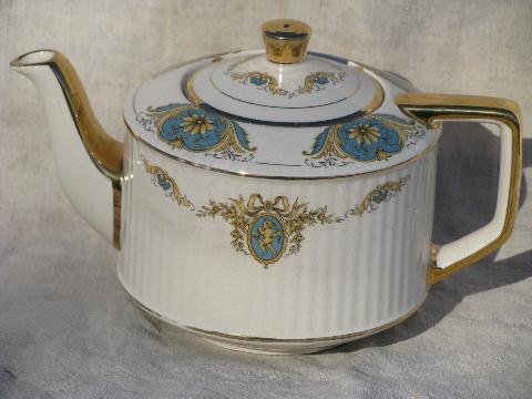 photo of vintage Sadler - England tea pot, french blue cameo cherubs on ivory #2