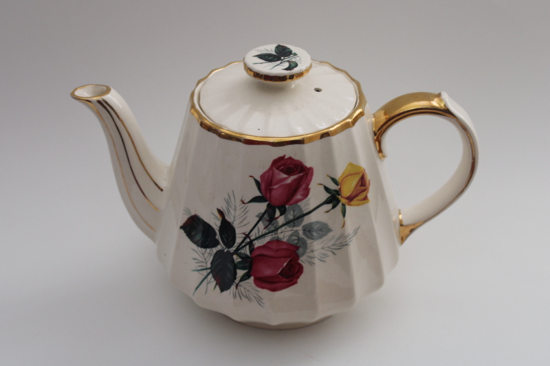 photo of vintage Sadler England teapot, long stemmed roses pink & yellow cottage chic #1