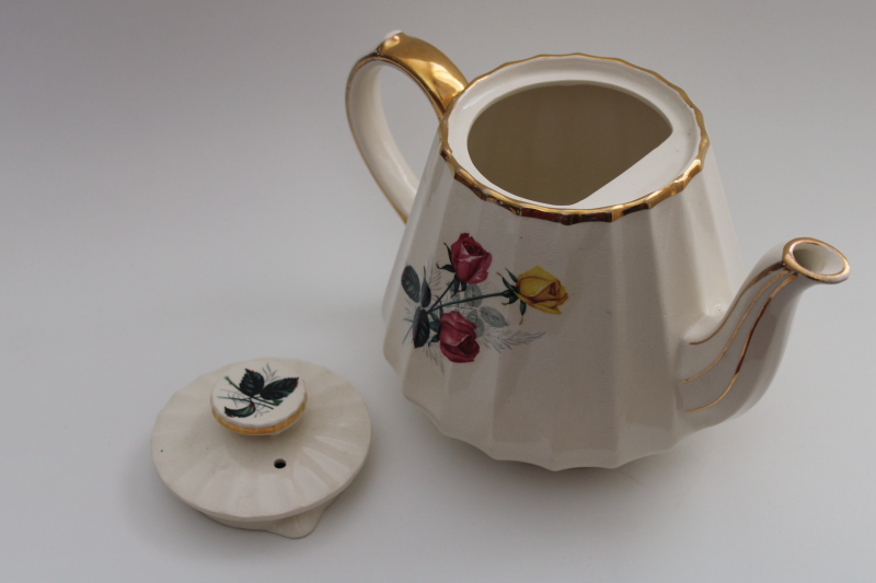 photo of vintage Sadler England teapot, long stemmed roses pink & yellow cottage chic #2