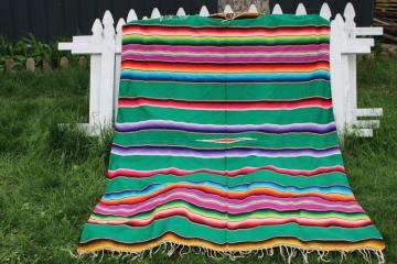 catalog photo of vintage Saltillo Mexican Indian blanket, serape stripes on green southwest style