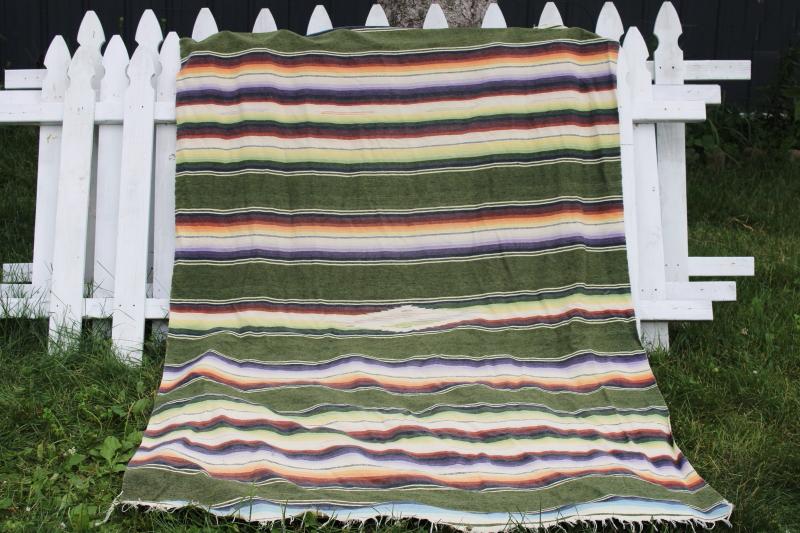 photo of vintage Saltillo Mexican blanket or rug cotton wool woven stripes cactus green southwest decor #1
