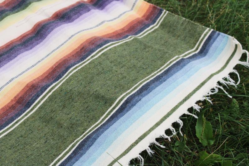 photo of vintage Saltillo Mexican blanket or rug cotton wool woven stripes cactus green southwest decor #2